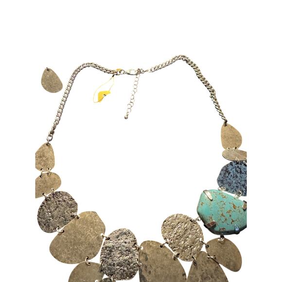 Silver Tone Hammered Statement Necklace & Earrings Set w/ Turquoise Accent - Picture 4 of 4